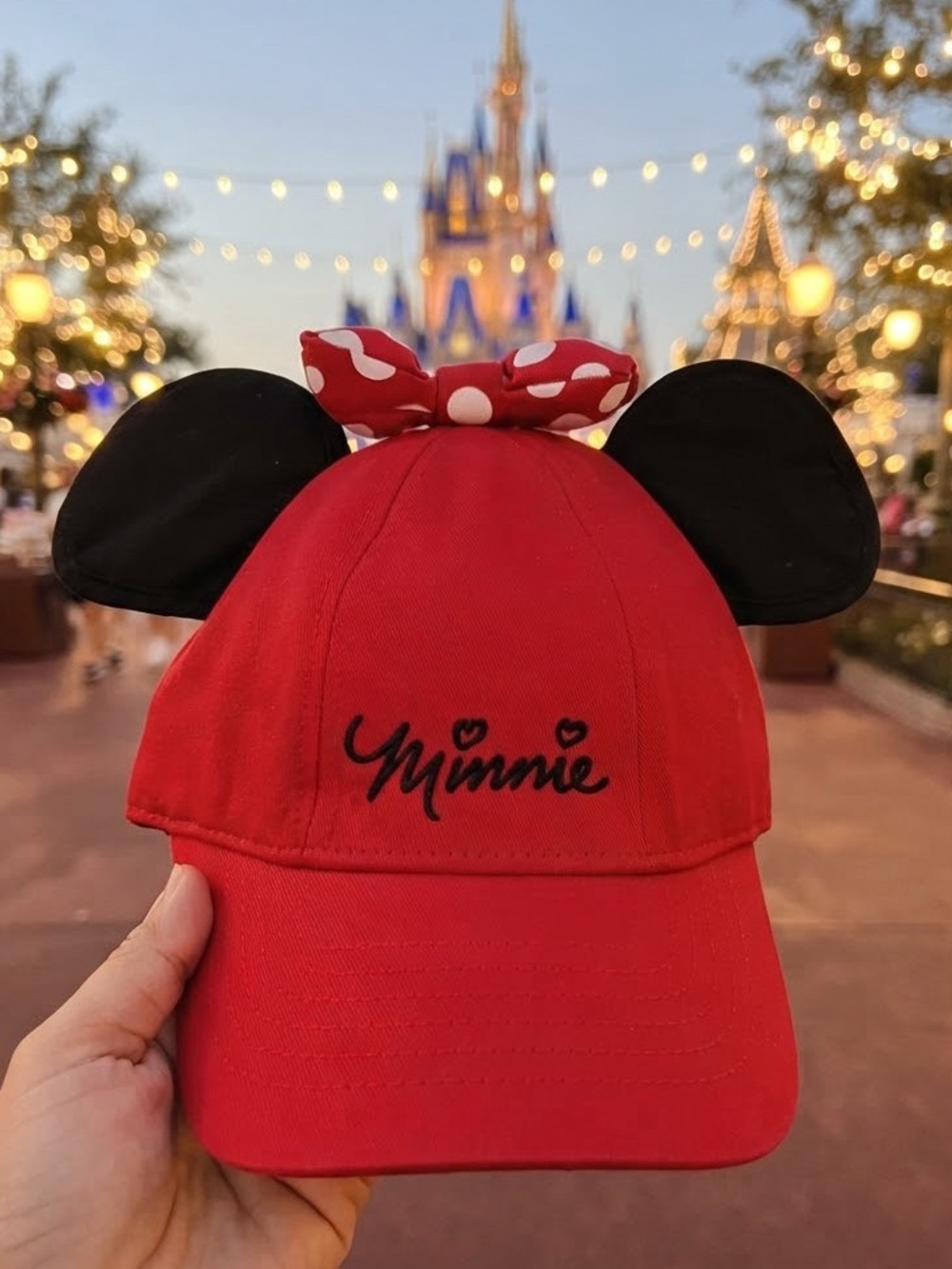 Authentic Disney Parks Minnie Mouse Red Baseball Cap with 3D Ears &Polka Dot Bow